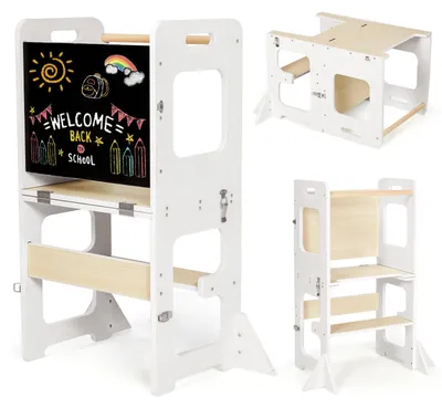 Montessori Lernturm 3-in-1, klappbar, mit Tafel, Weiß/Holz