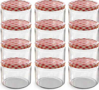 Produktbild von Oputec 12x 282 ml Einmachgläser mit Schraubdeckel rotkariert – Perfekt für Konfitüren, als Vorratsgläser mit Deckel Marmeladengläser und Schraubgläser