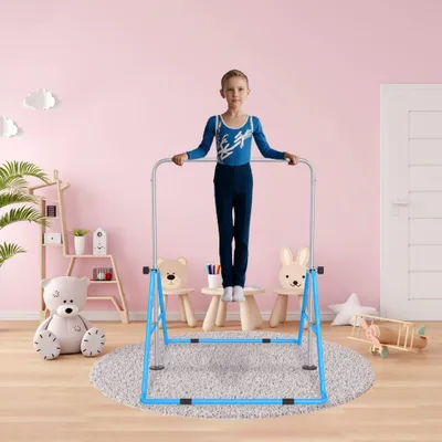 Produktbild von YZNAHRE Reckstange Indoor für Zuhause mit 2 Gymnastikringe Faltbare Turnreck Reckstange Höhenverstellbar 91-133 cm Gymnastikstange für Kinder, Blau