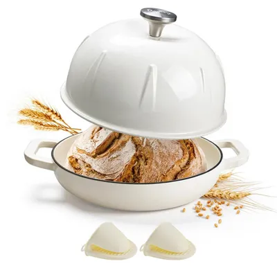 Immagine prodotto di Ciotola per pane in ghisa, capacità 5,35 litri, diametro 25 cm, colore bianco, con mini guanti da forno