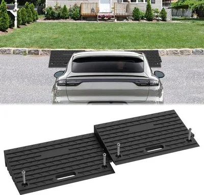 Productafbeelding van 2 stuks stoeprandhellingen, drempelhelling van rubber, randsteen, oprit voor auto, motorfiets, rolstoel, voertuig, oprijplaat, deurdrempel voor 10 cm hoge stoepranden, zwart, 53 x 32 x 10 cm