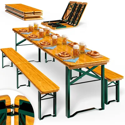 Produktbild von CASARIA® 2er Set Bierzeltgarnitur mit Lehne 170 cm Klappbar Stabil 2x Bierbank 1x Breiter Tisch Holz Biertischgarnitur Festzeltgarnitur Biergarten, KI-generiertes Bild