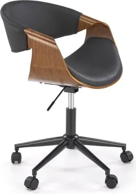 A black office chair with a wooden frame, shown from a three-quarter angle against a white background.