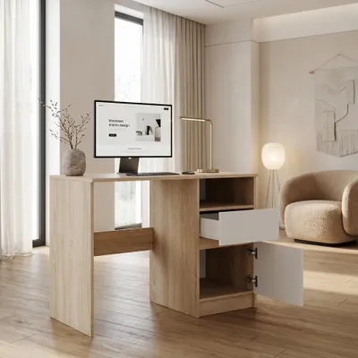 Produktbild von Kompakter Schreibtisch 100x50 cm | Moderner Computertisch & Bürotisch | PC-Tisch für Home-Office & Jugendzimmer | Weiss / Sonoma Eiche
