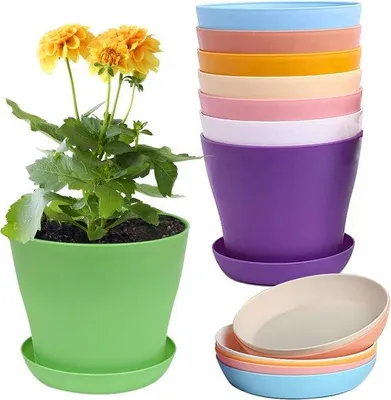 Immagine prodotto di 8 pezzi - Vasi decorativi per fiori - Vasi in plastica - Vasi per fiori - Vasi colorati - Con base - Per la coltivazione di piantine e mini-piante - Per il giardino, l'ufficio o il balcone - 14 x 12 cm - 8 colori