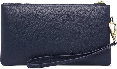 Productafbeelding van Elegante RFID-blockerende clutch voor dames van echt leer met polsband, ritsvak en muntzakje, blauw