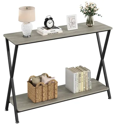 Produktbild von Schmaler Konsolentisch - Industrial Flurtisch - 2-stöckige Ablage mit Regal - Stabiles Metallgestell - 105x30x81 cm - Grau