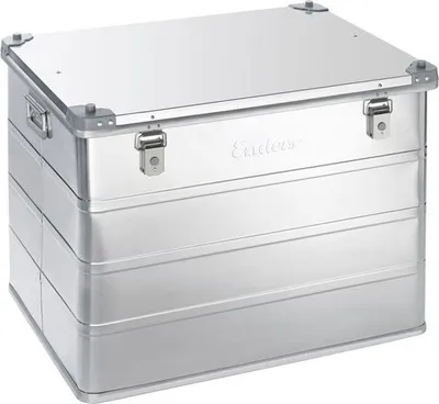 A silver aluminum storage box with latches and handles.
