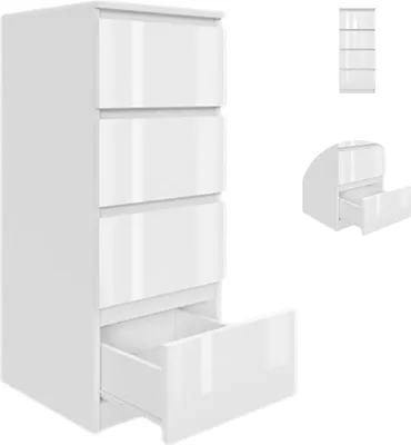 Zdjęcie produktu dla YUMEBLY | Komoda słupek 40x97x40 cm z 4 szufladami – szafka do salonu, sypialni, biura lub pokoju dziecięcego | Biały połysk