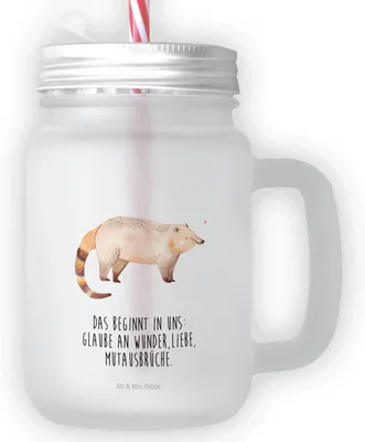 Produktbild von Mr. & Mrs. Panda Glas Nasenbaer - Transparent - Geschenk, Mit Schraubdeckel, Nasenbär, Becher Deckel, Lustige Sprüche, Rüsselbär, Trinkglas, Trinkgefäß, Nasenbären, Bär