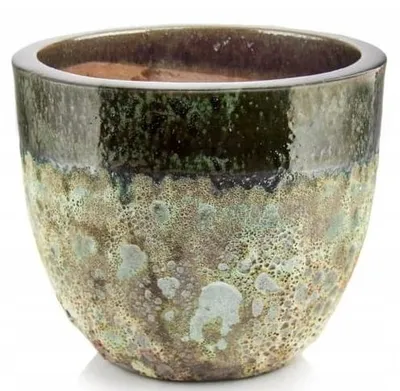 Produktbild von Vintage Keramik Pflanzkübel rund 30 cm grün glasiert frostsicher mit Ablaufloch