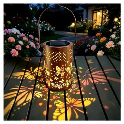 Produktbild von Schmetterling Solarlampen für den Außenbereich, Bunte Solarlaterne mit Schmetterlingssilhouetten, Wasserdichte Solarleuchten für Garten, Terrasse und Balkon