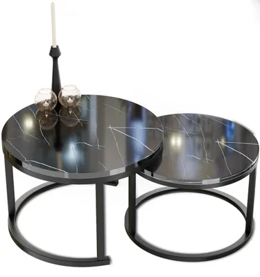 Zdjęcie produktu dla Zestaw dwóch okrągłych stolików kawowych w kolorze czarnym, imitujących marmur, o średnicach 70 cm i 50 cm