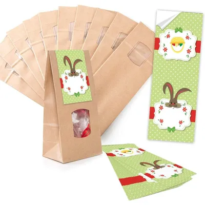 Produktbild von 25 kleine braune Papiertüten Ostertüten Osternest mit Fenster + Pergamin-Einlage 10,5 x 6,5 x 29 cm + 25 Osteraufkleber 5 x 15 cm vintage Hase Osterhase Ostern Herz rot Verpackung Geschenke AufkleberOsterbanderole Grün, Rot / 25 Stück