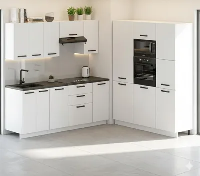 Zdjęcie produktu dla ULWEHOME Meble kuchenne Zestaw mebli kuchennych Kuchnia COMO 360cm | szafka •blat•słupek piekarnik-mikrofala•słup gospodarczy•lodówka | Biały Mat 3,6m