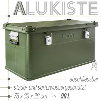 A green aluminum storage box with a lid and latches, shown from the front-left.