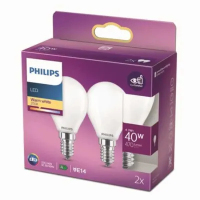 A retail package containing two Philips LED light bulbs.