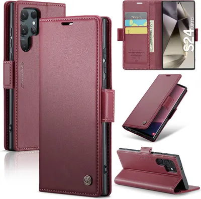 Image de Etui pour Samsung Galaxy S24 Ultra, carte de blocage RFID, étui en cuir avec fonction stand rouge
