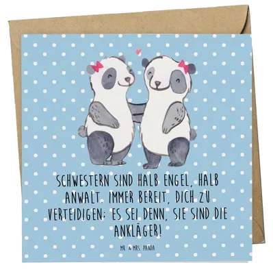 Produktbild von Mr. & Mrs. Panda Grußkarte Schwesternwunder - Blau Pastell - Geschenk, Schwesterbeziehung, Freude, Familienmitglieder, Handarbeit, Klappkarte, Geschwisterliebe, faltkarte