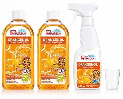 Produktbild von Pastaclean Orangenöl Reiniger Konzentrat 2x 500 ml – Universalreiniger mit 30 % Orangenöl gegen Fett & Klebereste, inkl. Mischflasche & Messbecher