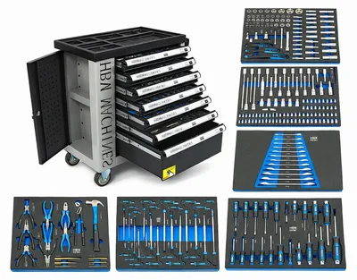 Obrázok produktu pre Profesionálna skrinka - dielenský vozík s náradím, so 7 zásuvkami, 245ks náradia, 6 vložiek carbon - HBM Holandsko, premium