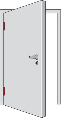 An illustration of a gray door with red hinges and a black handle, shown partially open.