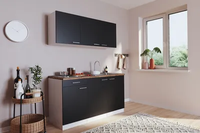 Produktbild von Küche Miniküche Singleküche Luis 150 cm Weiß Schwarz ohne Kühlschrank Respekta