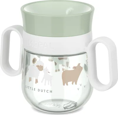 A baby's sippy cup with farm animal illustrations.