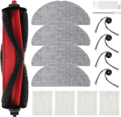 A collection of robot vacuum cleaner accessories laid out on a white background.