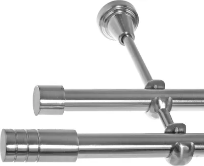 A close-up view of a double curtain rod system made of metal with a brushed stainless steel finish, shown against a white background.