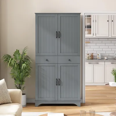 Produktbild von Hochschrank mit 2 Türen & 2 Schubladen, Vorratsschrank & Mehrzweckschrank, Modernes Design für Küche & Wohnzimmer, 77 x 40 x 181 cm, Grau
