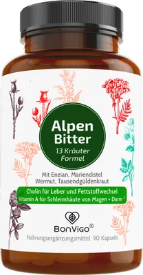 Produktbild von AlpenBitter Kapseln mit Enzian, Wermut, Löwenzahn, Tausendgüldenkraut - Cholin unterstützt Leber, Fettstoffwechsel, Verdauung - Nach Kloster Rezept