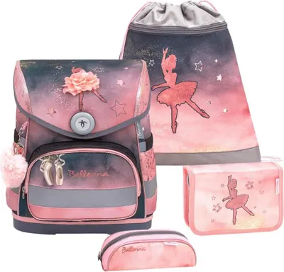 Produktbild von Belmil Schulranzen Set COMPACT 2026 Magnetschloss Ballerina Black Pink (Motiv: Ballerina) für Mädchen mit Regenhaube
