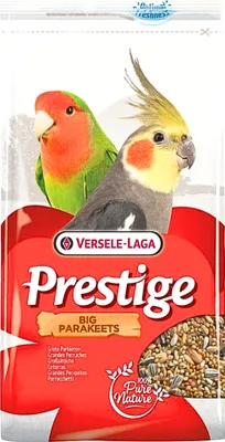 A bag of bird seed for parakeets, featuring images of two birds and the product branding.