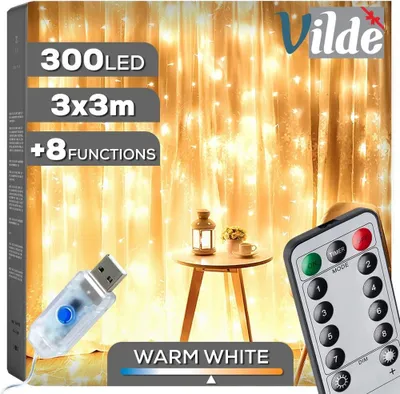 Produktbild von Dekorativer Lichtvorhang für Fenster, weiße Warmlicht-LEDs, 300 LEDs, 3 x 3 m, Fernbedienung