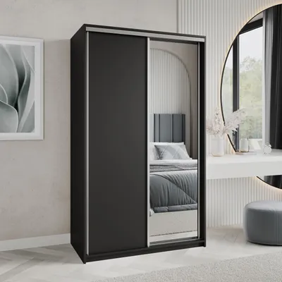 Produktbild von Masseno Schiebetürenschrank TAVI 120/205/60 cm Kleiderschrank mit Schubladen Schlafzimmer Schrank 2-türig mit Spiegel Schwarz + Satin