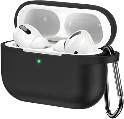 A black silicone case for Apple AirPods Pro with the lid open, showing the white earbuds inside. A carabiner clip is attached to the side of the case.