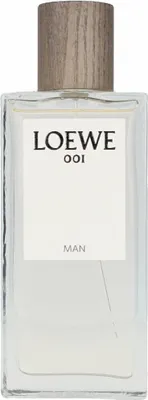 A clear, front-facing studio shot of a Loewe 001 Man Eau de Parfum bottle.