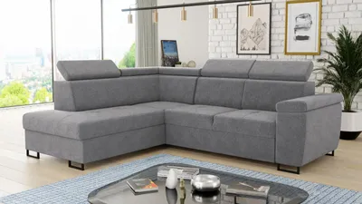 Produktbild von Ecksofa Natan mit Schlaffunktion und einstellbare Kopfstützen - Wohnlandschaft mit Metallfüßen, Couchgarnitur, Bettkasten, Sofa (Ecksofa Links, Grau (Paros 05))