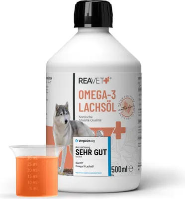 Produktbild von REAVET Lachsöl Hunde, Katze 500ml – Reich an Omega 3 & 6, Fischöl Hund hochdosiert I Echte Lebensmittelqualität ohne Zusätze I Frisch abgefüllt in Deutschland