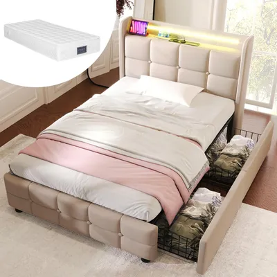Image de Lit rembourré avec tête de lit USB et LED et 2 tiroirs,Lit simple 90x200cm Cadre de lit de rangement, Beige Avec matelas
