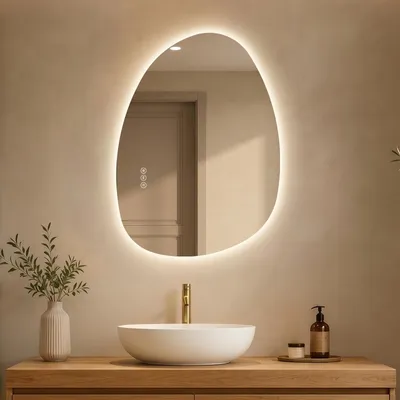 Imagen del producto de S'AFIELINA, espejo asimétrico de 75x55 cm con iluminación LED. Espejo de baño con luz, función de atenuación, se puede montar horizontal o verticalmente, con función anti-vaho. Ideal para baño y pasillo