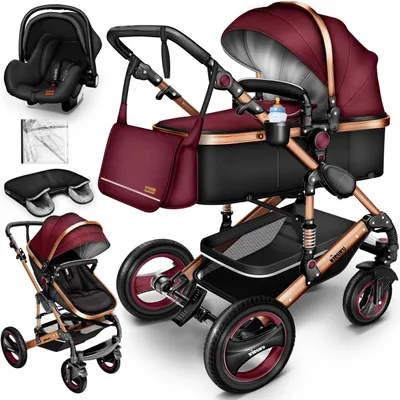 Produktbild von KIDUKU® 3 in 1 Kombi Kinderwagen Bordeaux/Gold Buggy Reisebuggy inkl. Auto- Babyschale Faltbar ECE R129