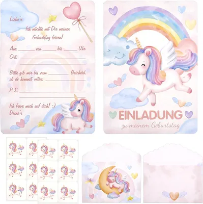 Imagen del producto de Tarjetas de invitación para fiestas de cumpleaños infantiles con temática de unicornio - Set de 12 - Incluye sobres