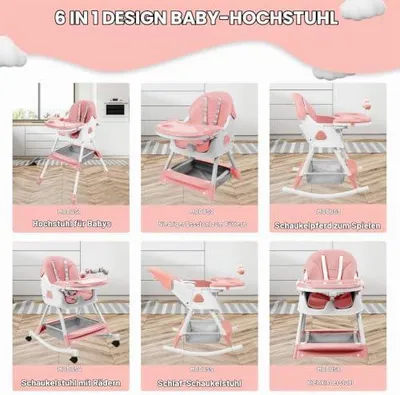 Produktbild von Babyhochstuhl,6-in-1-Klappstuhl mit Fußstütze, abnehmbarem Doppeltablett & PolyurethanKissen, verstellbarer Höhe und Neigung sowie feststellbaren Rädern für Babys & Kleinkinder