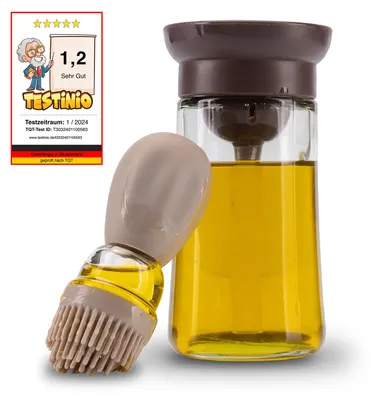 Produktbild von Fino Casa 2in1 Ölflasche mit Pinsel, Ölspender, Ölsprüher mit Silikonpinsel, Glasflasche zum befüllen mit 180ml Öl oder Essig (Beige/Hellbraun)