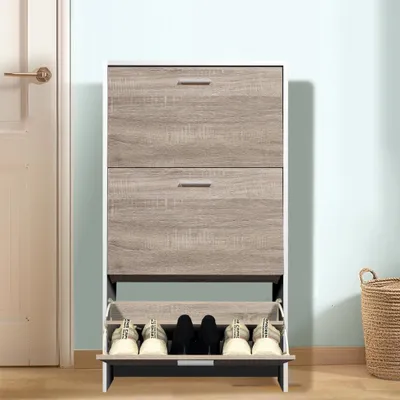 Produktbild von CASABEL Schuhschrank für 18 Paar,  große Kapazität für Eingangsbereich,  L 60 x T 24 x H 113 cm,  Türen aus hellem Holz, Rahmen weiß