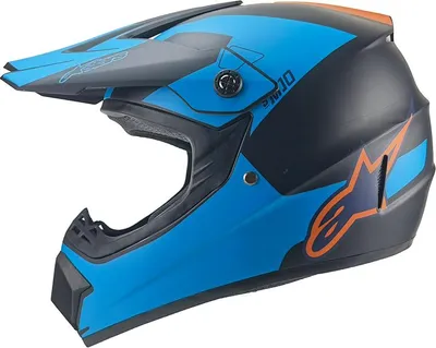 A blue, black, and orange motocross helmet.