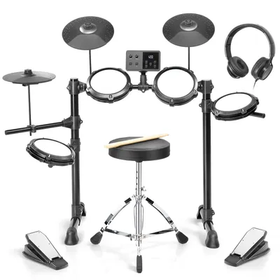 Produktbild von LEADZM E-Drum-Set，Komplettset, Kopfhörer Sticks Drumhocker ，mit 4 Pads und 3 Becken， Kinder Elektronisches Schlagzeug Set