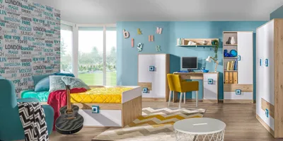 Produktbild von Jugendzimmer Kinderzimmer Komplett - Set D Fabian, 6-teilig, Farbe: Eiche Hellbraun / Weiß / Blau